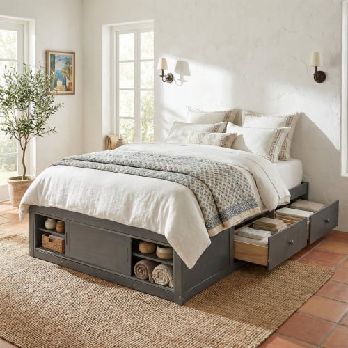 Queen Size Platform Bed Frame with 4 Storage Drawers and Footboard Storage Cubby, No Headboard Design Solid Wood Platform for Bedroom, Gray