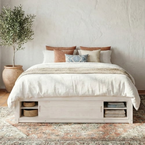 Queen Size Platform Bed Frame with 4 Storage Drawers and Footboard Storage Cubby, No Headboard Design Solid Wood Platform for Bedroom, White