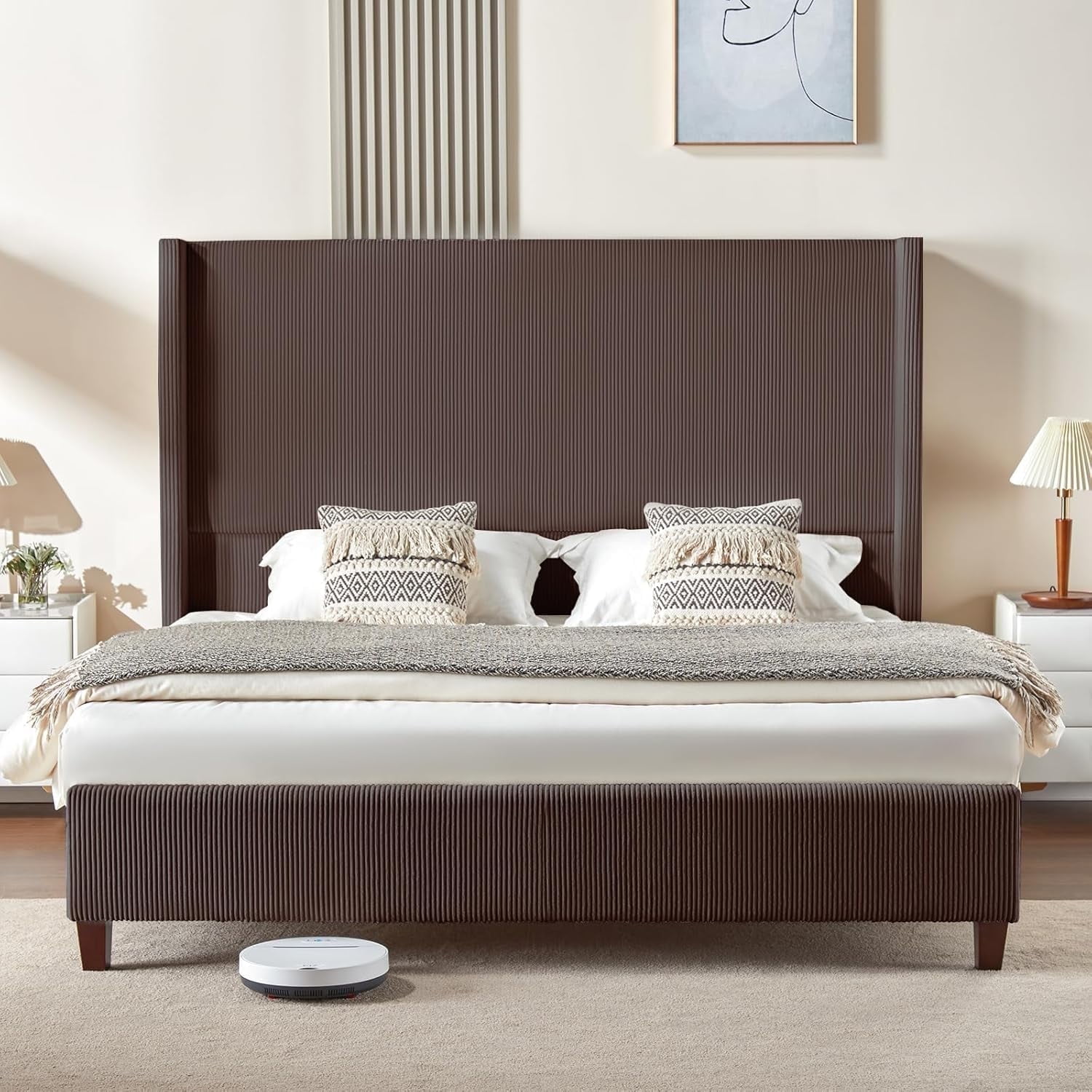 VanAcc Queen Size Platform Bed Frame with 62" Headboard Corduroy Upholstered Bed/Wingback/No Box Spring Needed/Noise Free/Brown
