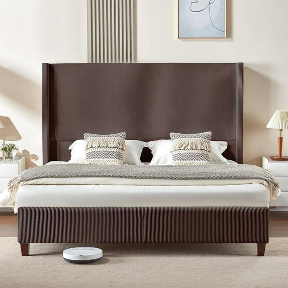 VanAcc Queen Size Platform Bed Frame with 62" Headboard Corduroy Upholstered Bed/Wingback/No Box Spring Needed/Noise Free/Brown