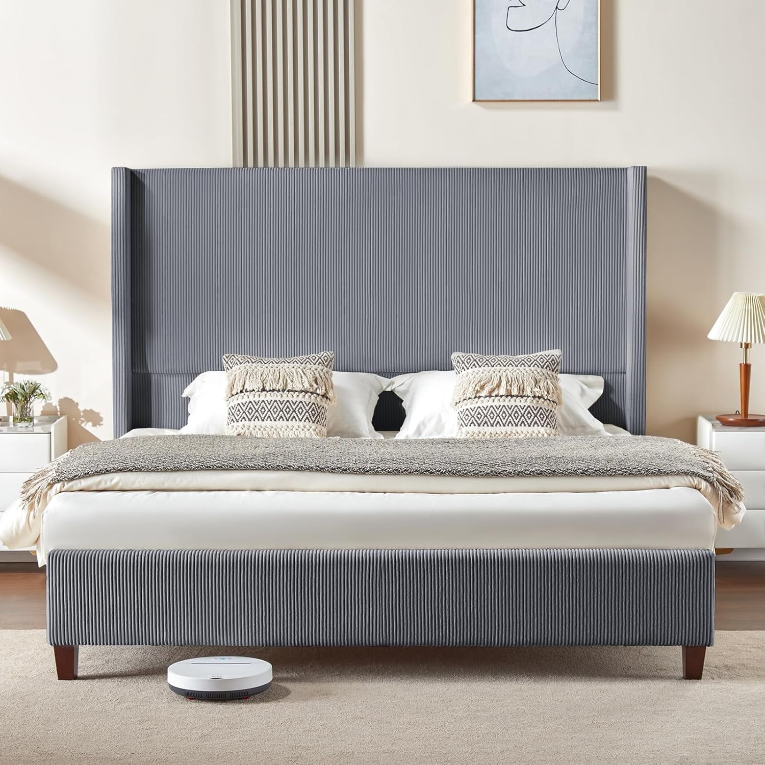 VanAcc Queen Size Platform Bed Frame with 62" Headboard Corduroy Upholstered Bed/Wingback/No Box Spring Needed/Noise Free/Grey