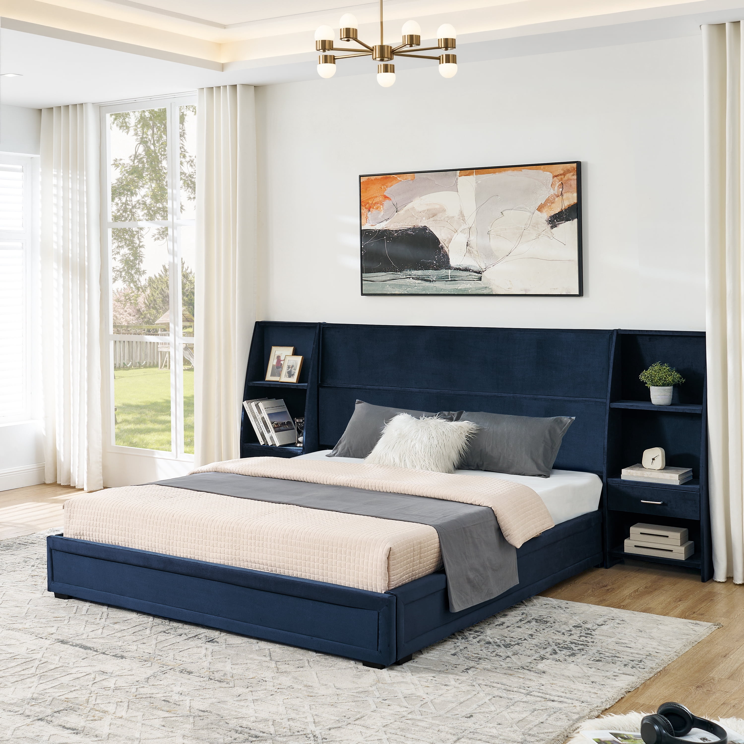 Queen Size Platform Bed Frame with Glossy Velvet Headboard, Side Bookcases & Drawer