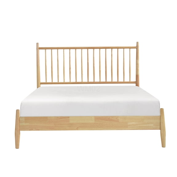 Queen Size Platform Bed Frame with Headboard, Mid-Century Modern Wood Bed, All-in-One Box Delivery, No Box Spring Needed, Natural Finish