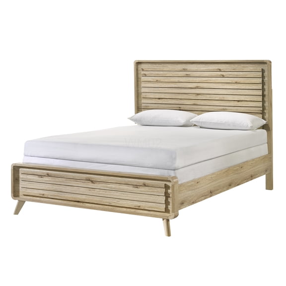 Queen Size Platform Bed Frame with Headboard and Footboard, Mid-Century Modern Wood Look Bed, Beige Brown Finish, No Box Spring Required