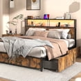 thumbnail image 1 of LED Queen Bed Frame with Storage Headboard & 4 Drawers, Industrial Metal Platform Bed with Power Charging Station & USB Ports, 1 of 10