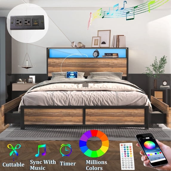 Queen Size Platform Bed Frame with LED Light & USB Charging Station & 4 Storage Drawers, Industrial Wooden Metal Bed with Storage Headboard