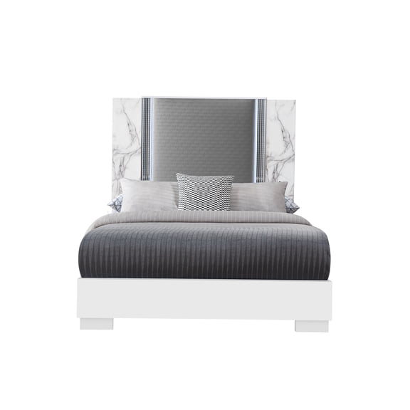 Queen Size Platform Bed Frame with Marble Headboard and LED Lights, No Box Spring Needed