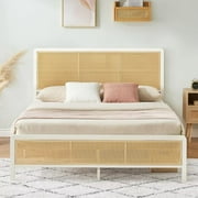 Queen Size Platform Bed Frame with Natural Rattan Headboard, Heavy Duty Sturdy Steel Slat Support, No Box Spring Needed, White