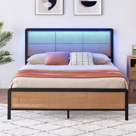 Queen Size Platform Bed Frame with Natural Rattan Headboard & Led Light, Heavy Duty Sturdy Steel Slat Support, No Box Spring Needed, Black