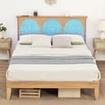 thumbnail image 1 of Queen Size Platform Bed Frame with Natural Rattan Headboard & Led Light, 1 of 7