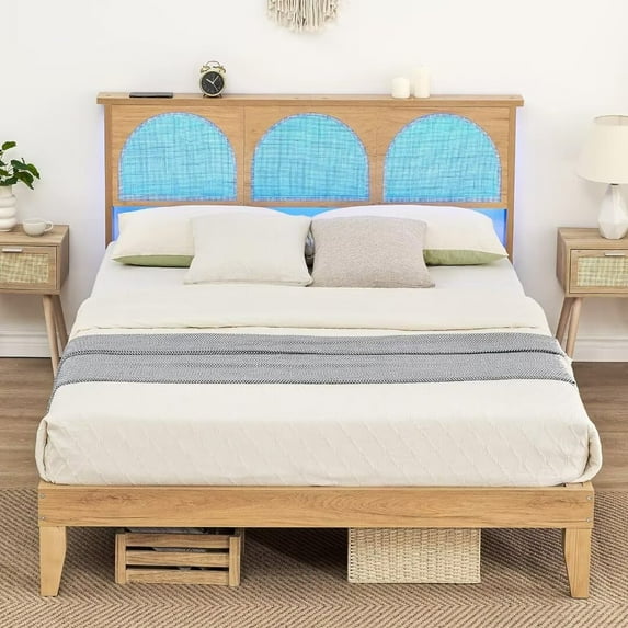 Queen Size Platform Bed Frame with Natural Rattan Headboard & Led Light