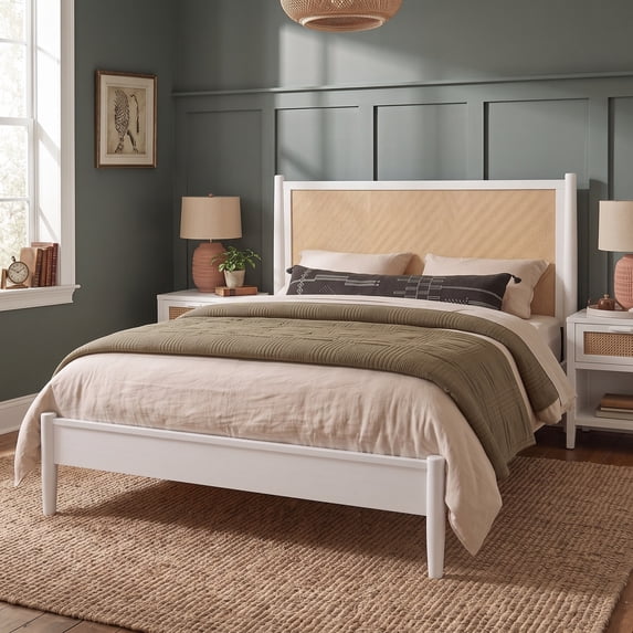 Queen Size Platform Bed Frame with Rattan Headboard, Wicker Bed with ...