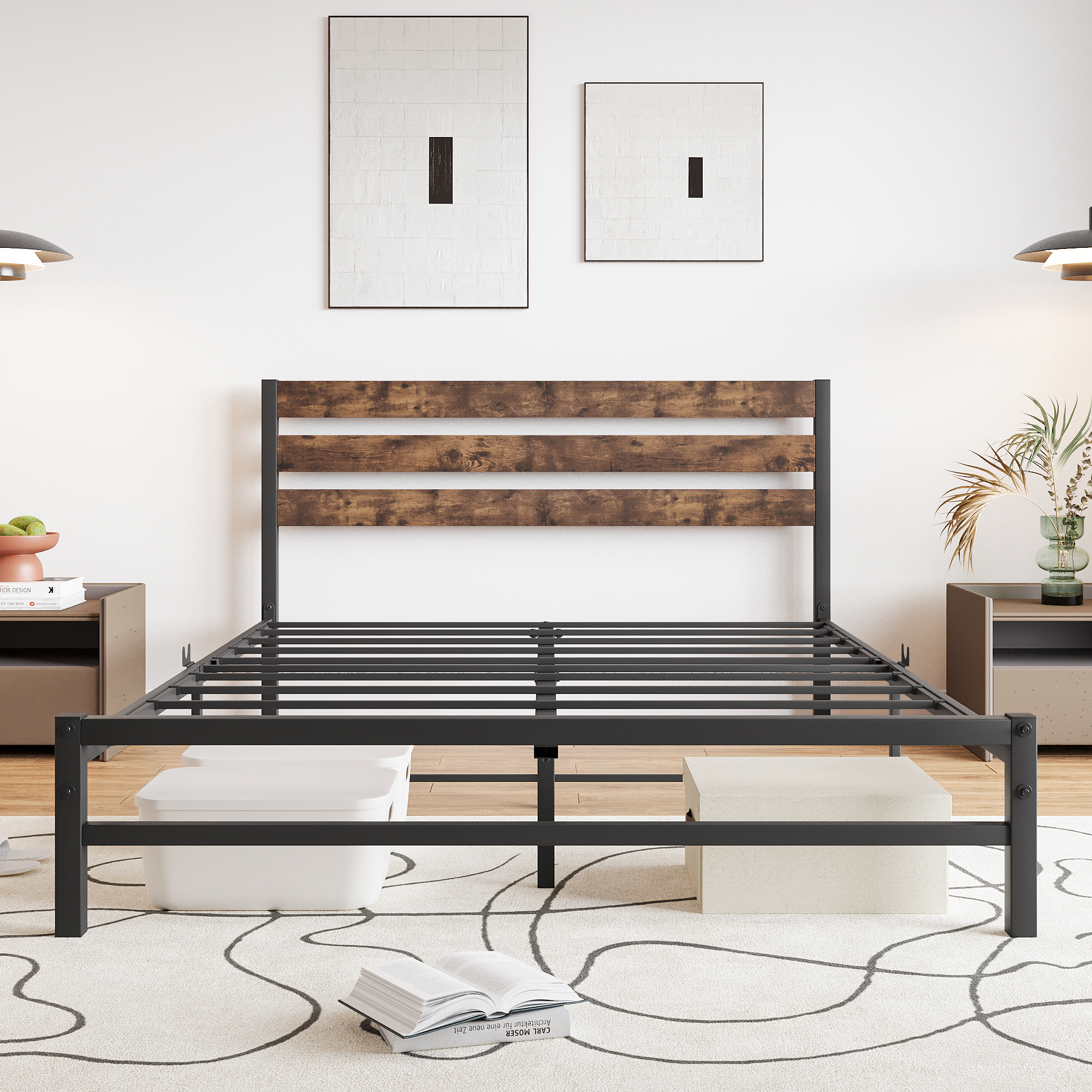 Queen Size Platform Bed Frame with Rustic Vintage Wood Headboard ...