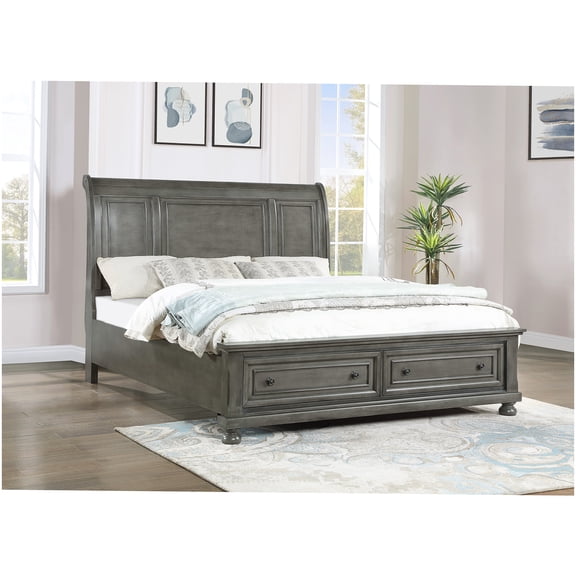 Queen Size Platform Bed Frame with Storage Drawers, Gray Wood Footboard and Dovetail Joinery