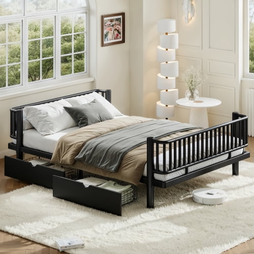 Queen Size Platform Bed Frame with Storage Drawers, Modern Metal Daybed with Low Profile Design, Round-Pipe Safety Frame, No Box Spring Needed, Black