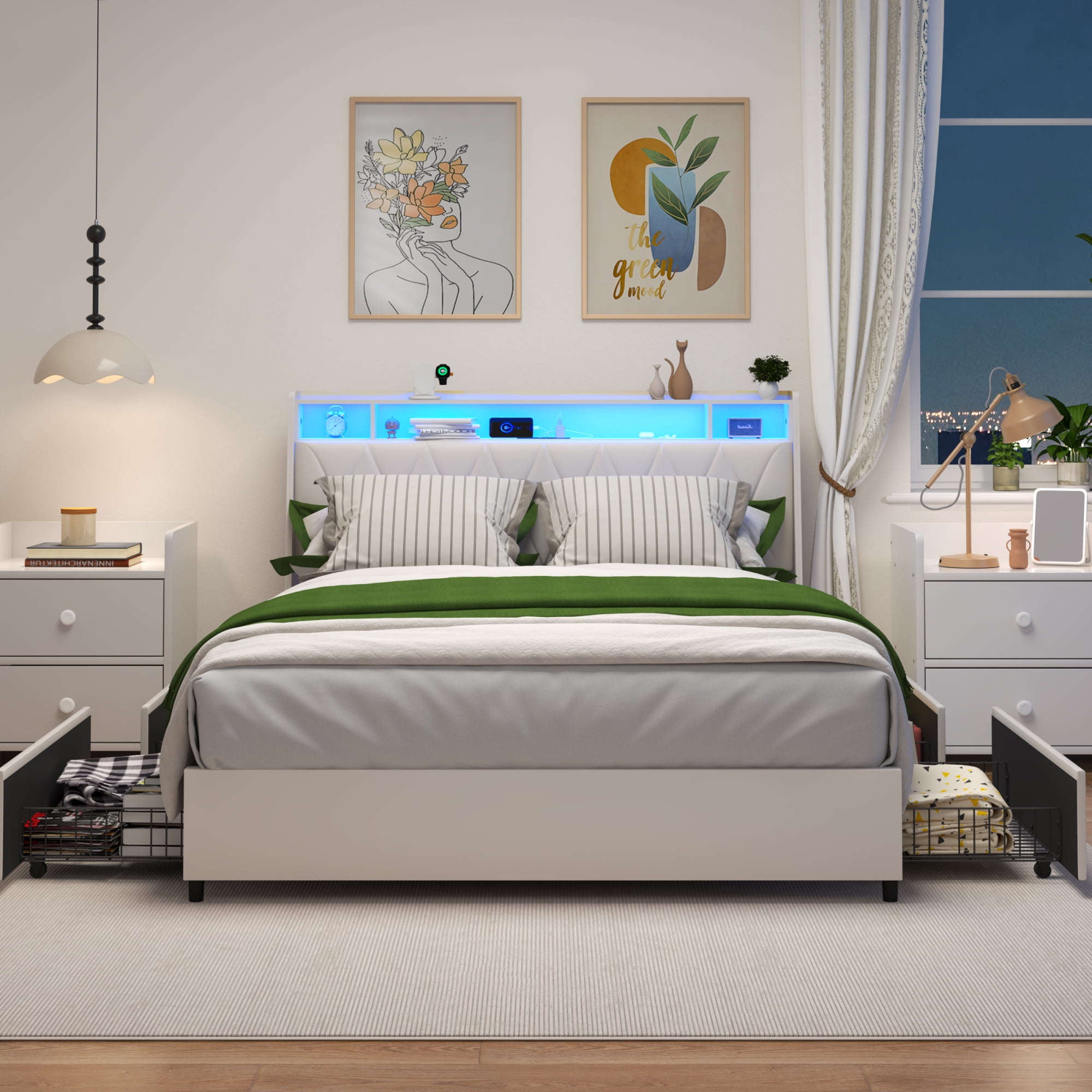Queen Size Platform Bed Frame with Storage Shelf Headboard, Outlets & Charger, LED Light, 4 Drawers
