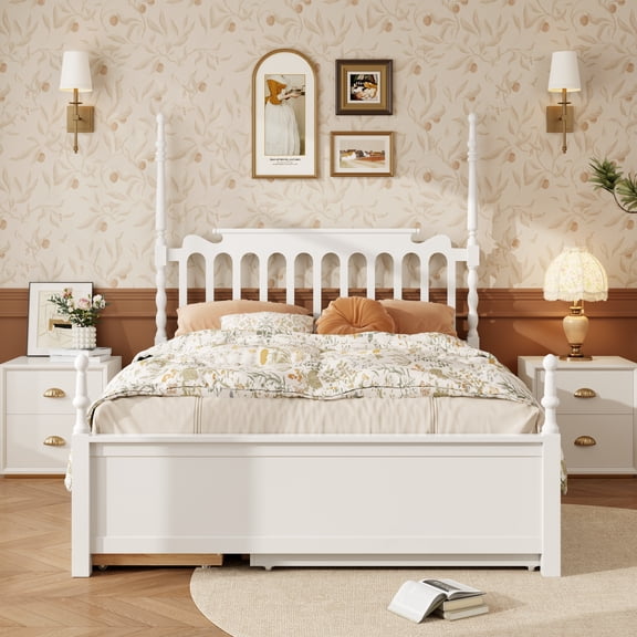 Queen Size Platform Bed Frame with Twin XL Trundle and 2 Storage Drawers, Classic Spindle Headboard Wooden Bed for Guest Room, White