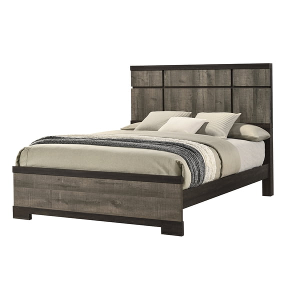 Queen Size Platform Bed Frame with Upholstered Headboard, Modern Gray Ebony Finish, Minimalist Wood Bed for Master Bedroom