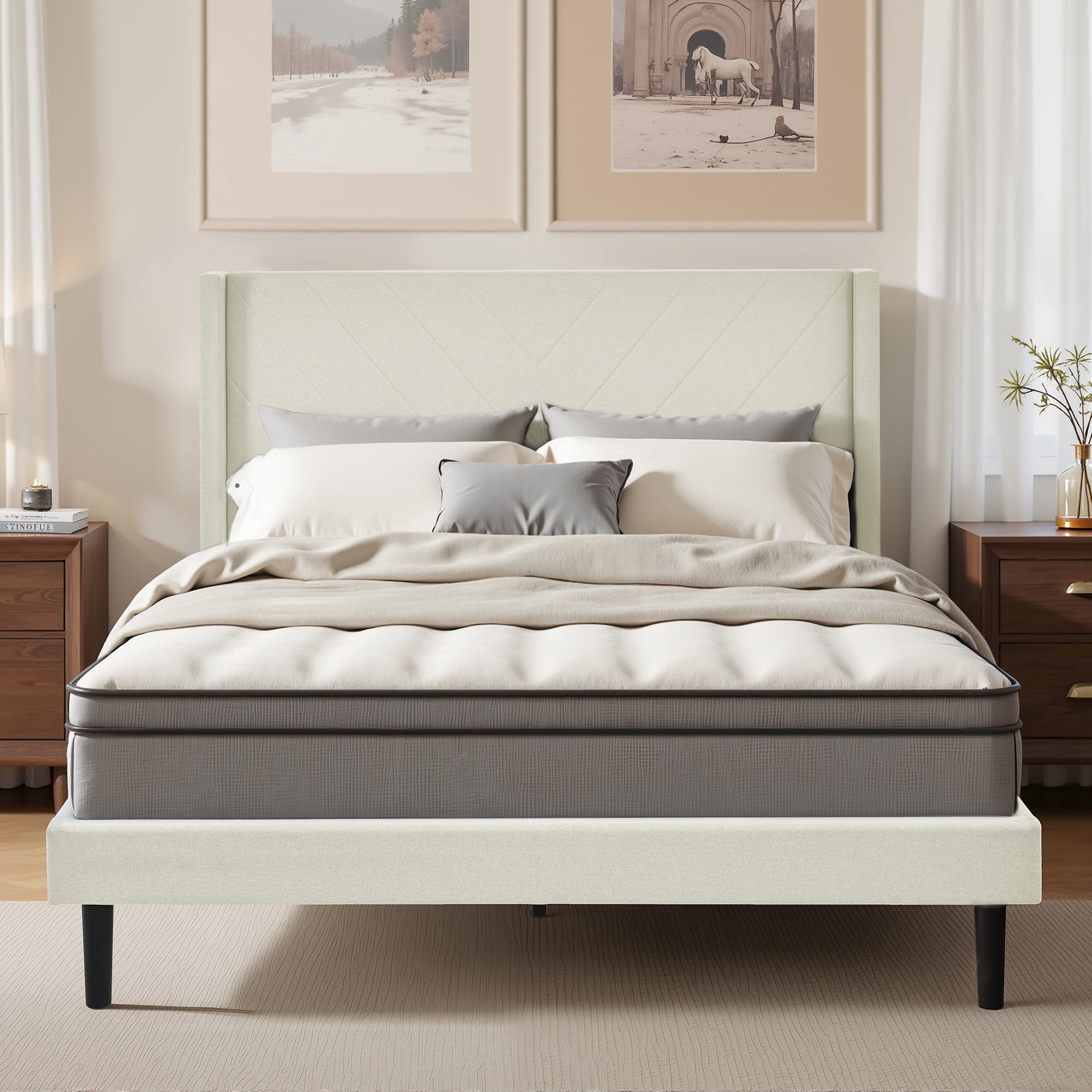 Queen Size Platform Bed Frame with Wingback Upholstered Headboard, Sturdy Wooden Slats Support, Easy to Assembly, Beige