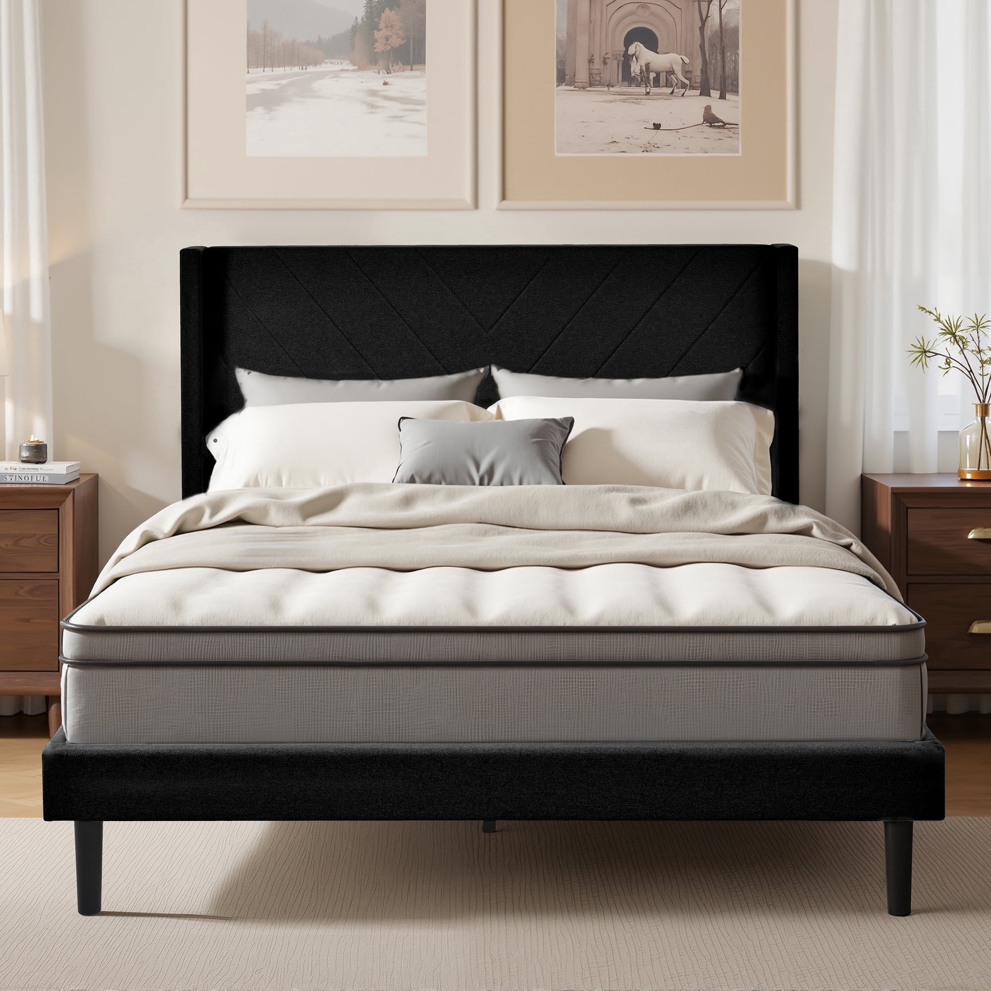 Queen Size Platform Bed Frame with Wingback Upholstered Headboard, Sturdy Wooden Slats Support, Easy to Assembly, Black