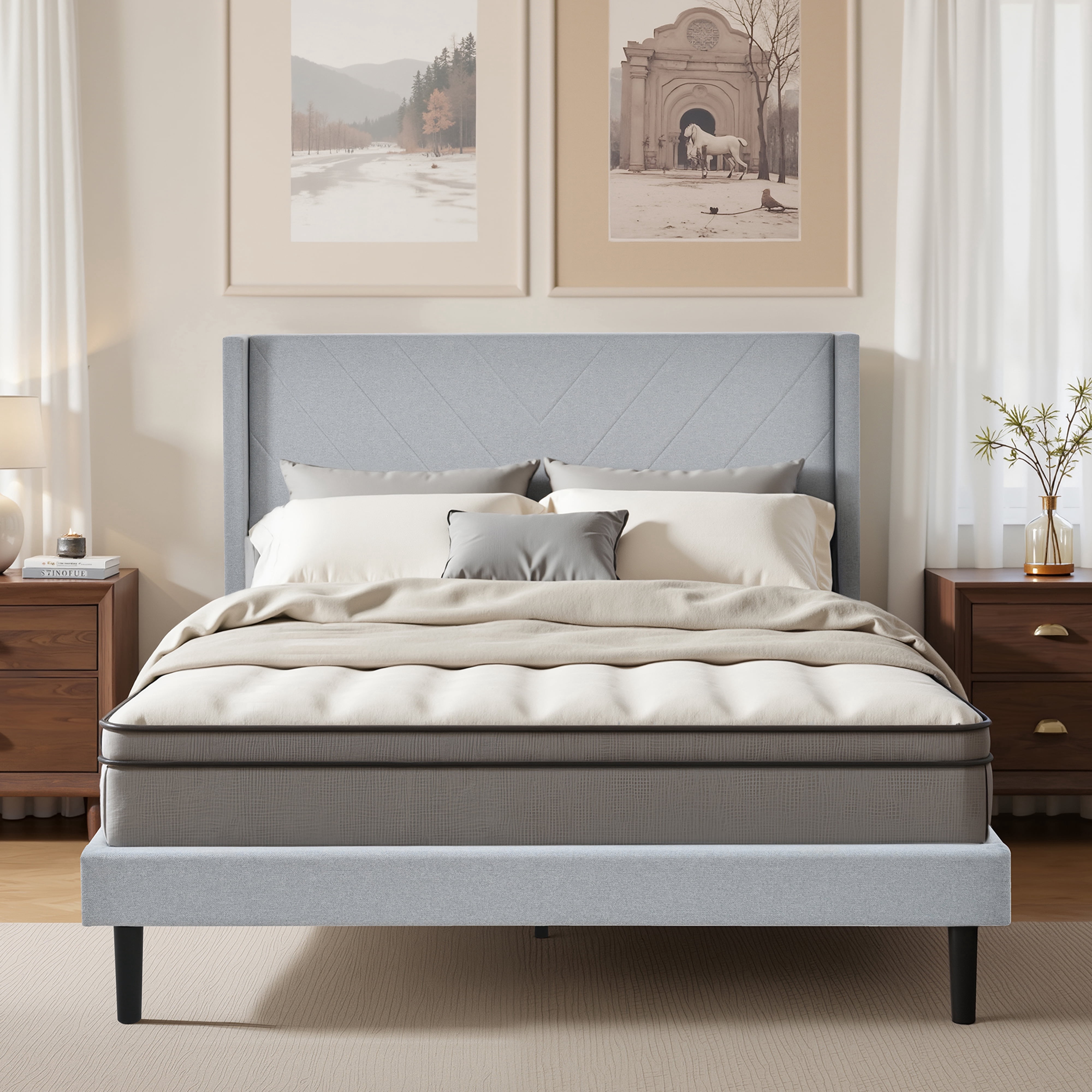 Queen Size Platform Bed Frame with Wingback Upholstered Headboard, Sturdy Wooden Slats Support, Easy to Assembly, Light Gray