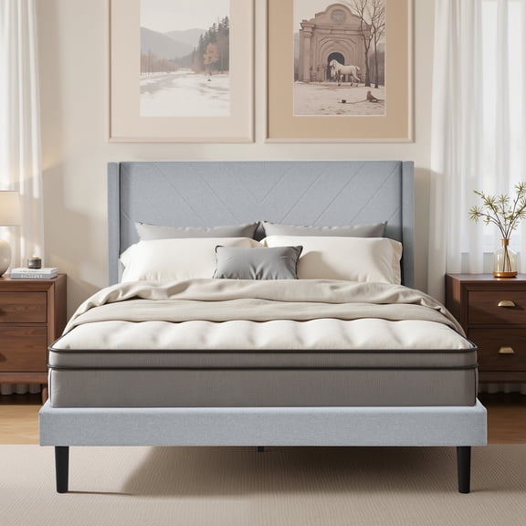 Queen Size Platform Bed Frame with Wingback Upholstered Headboard, Sturdy Wooden Slats Support, Easy to Assembly, Light Gray