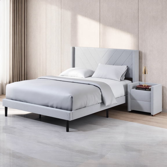 Queen Size Platform Bed Frame with Wingback Upholstered Headboard, Sturdy Wooden Slats Support, Easy to Assembly, Light Gray