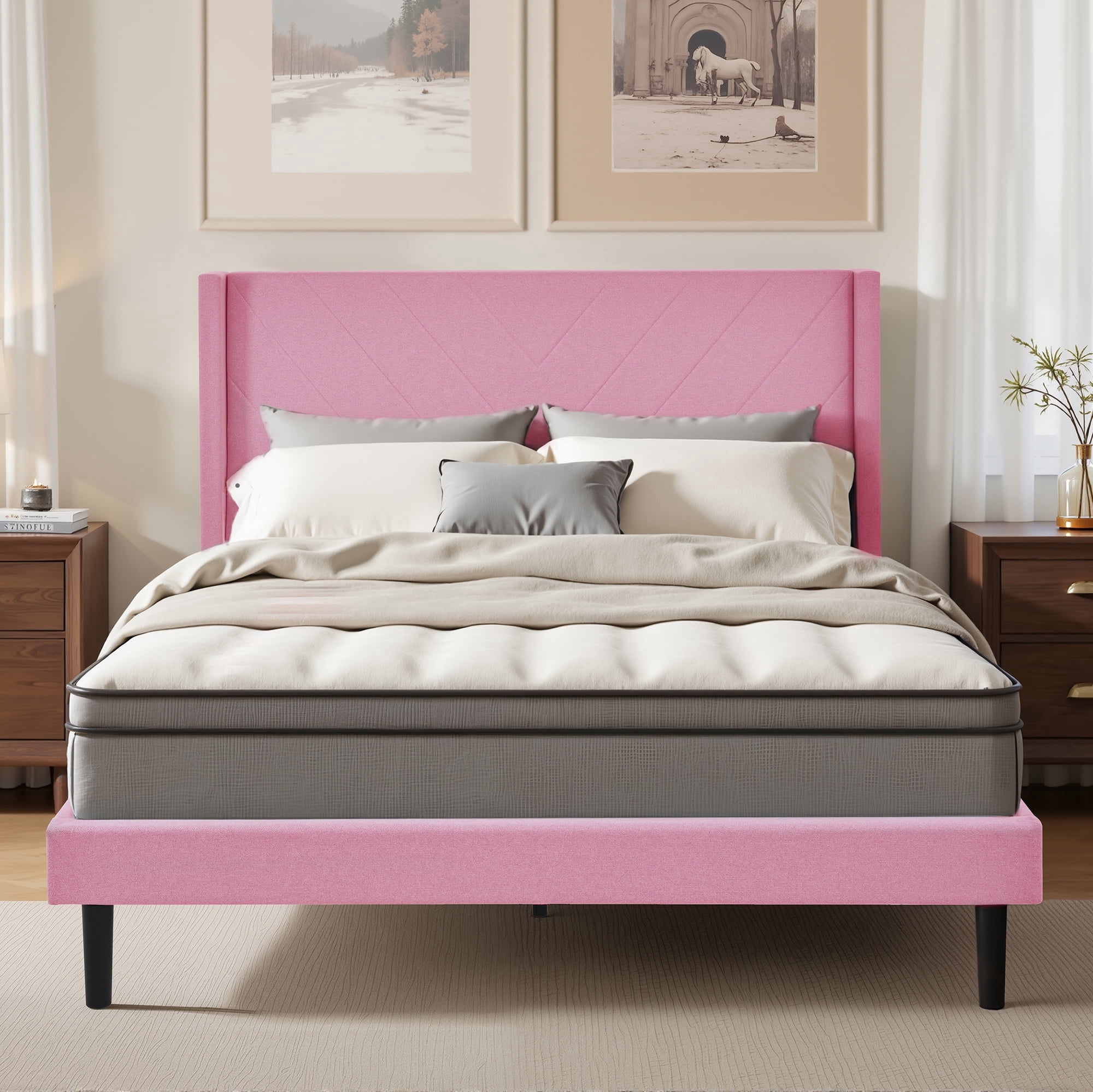 Queen Size Platform Bed Frame with Wingback Upholstered Headboard, Sturdy Wooden Slats Support, Easy to Assembly, Pink