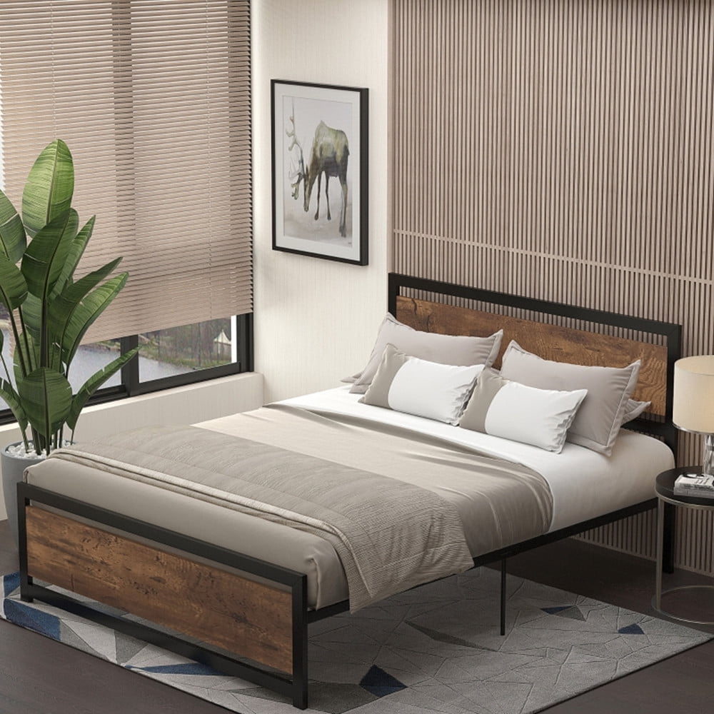 Queen Size Platform Bed Frame with Wood Headboard/Mattress Foundation