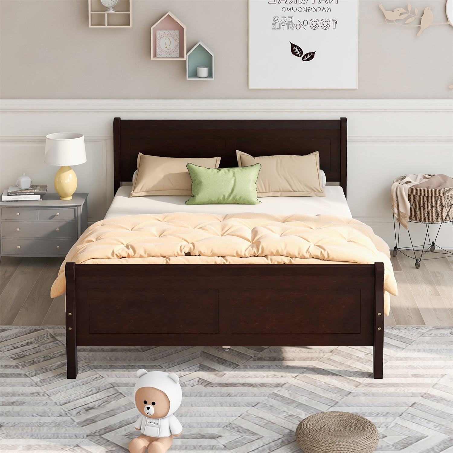Queen Size Platform Bed with Headboard & Footboard, Solid Wood Bed ...