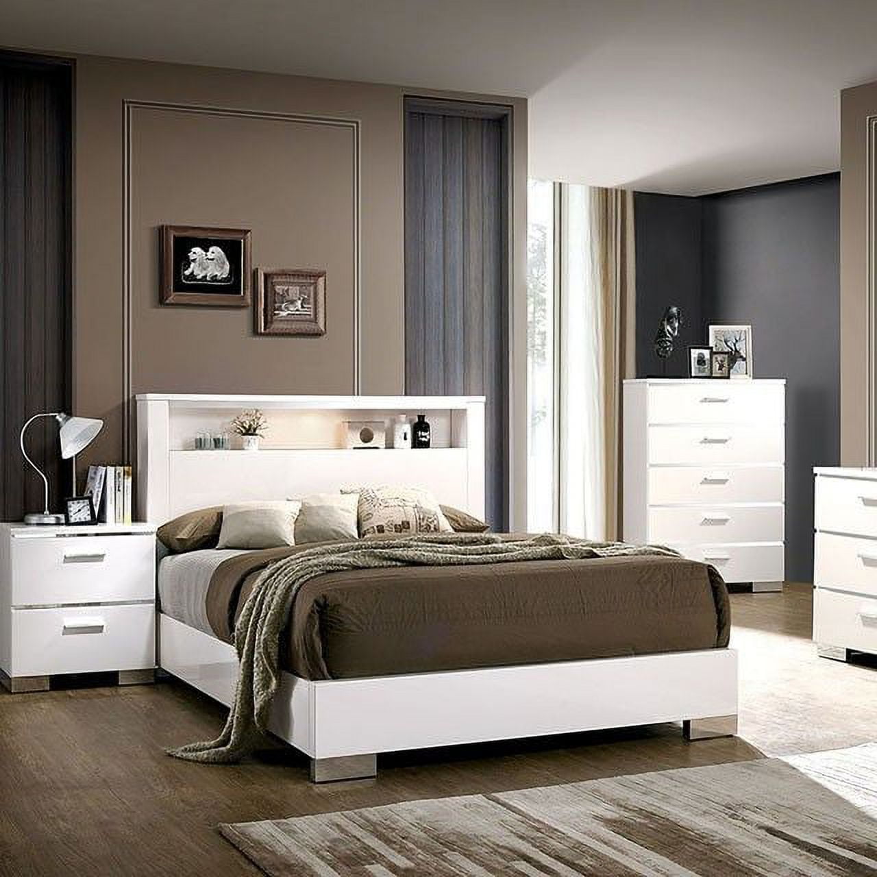 Modern Chrome-White Queen Bookcase Bed with Headboard Storage