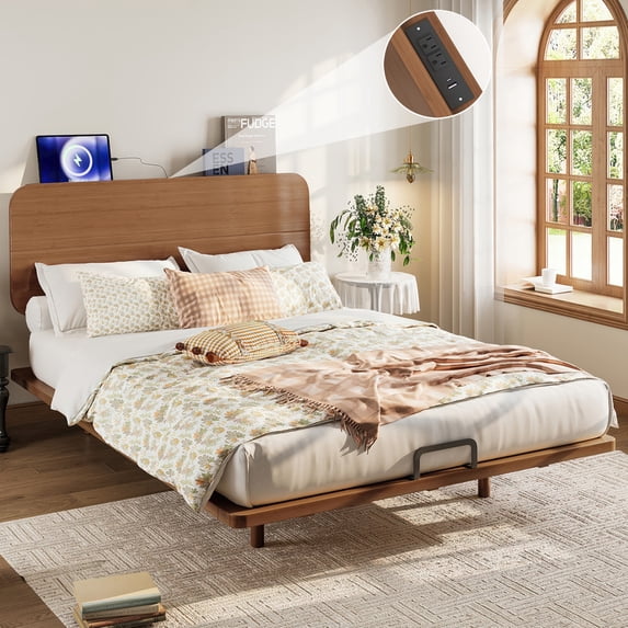 Queen Size Platform Bed with Headboard, Wooden Floating Bed with Charging Station, Bamboo-Made Queen Bed Frame with Support Slats for Teens Adults, Brown