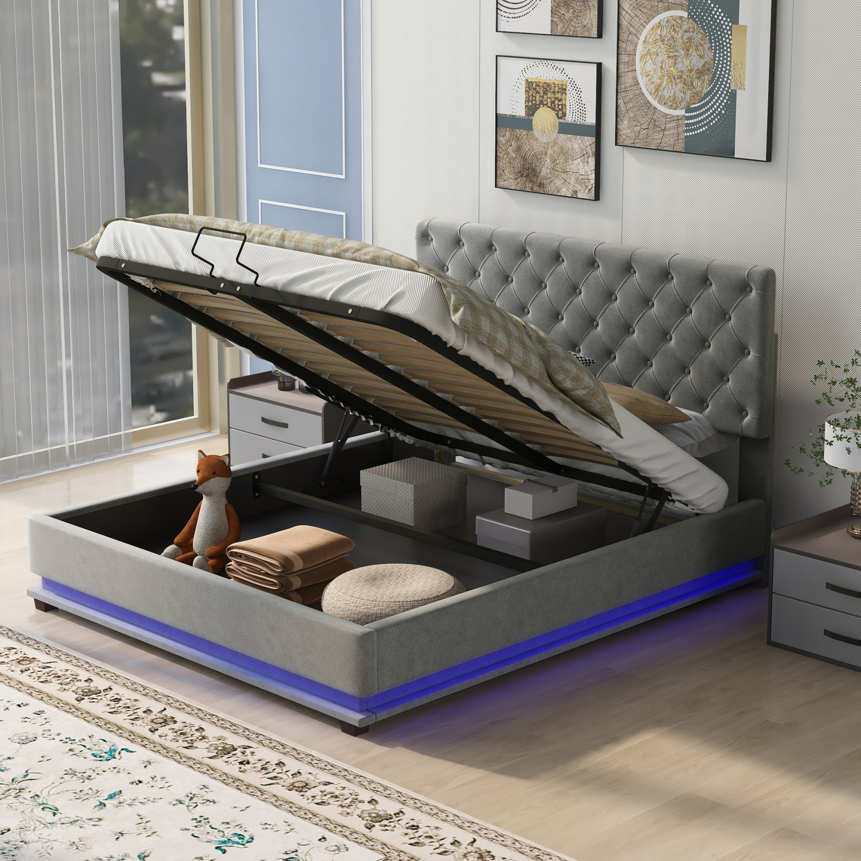 Queen Size Platform Bed with LED Light Tufted Upholstered Platform Bed