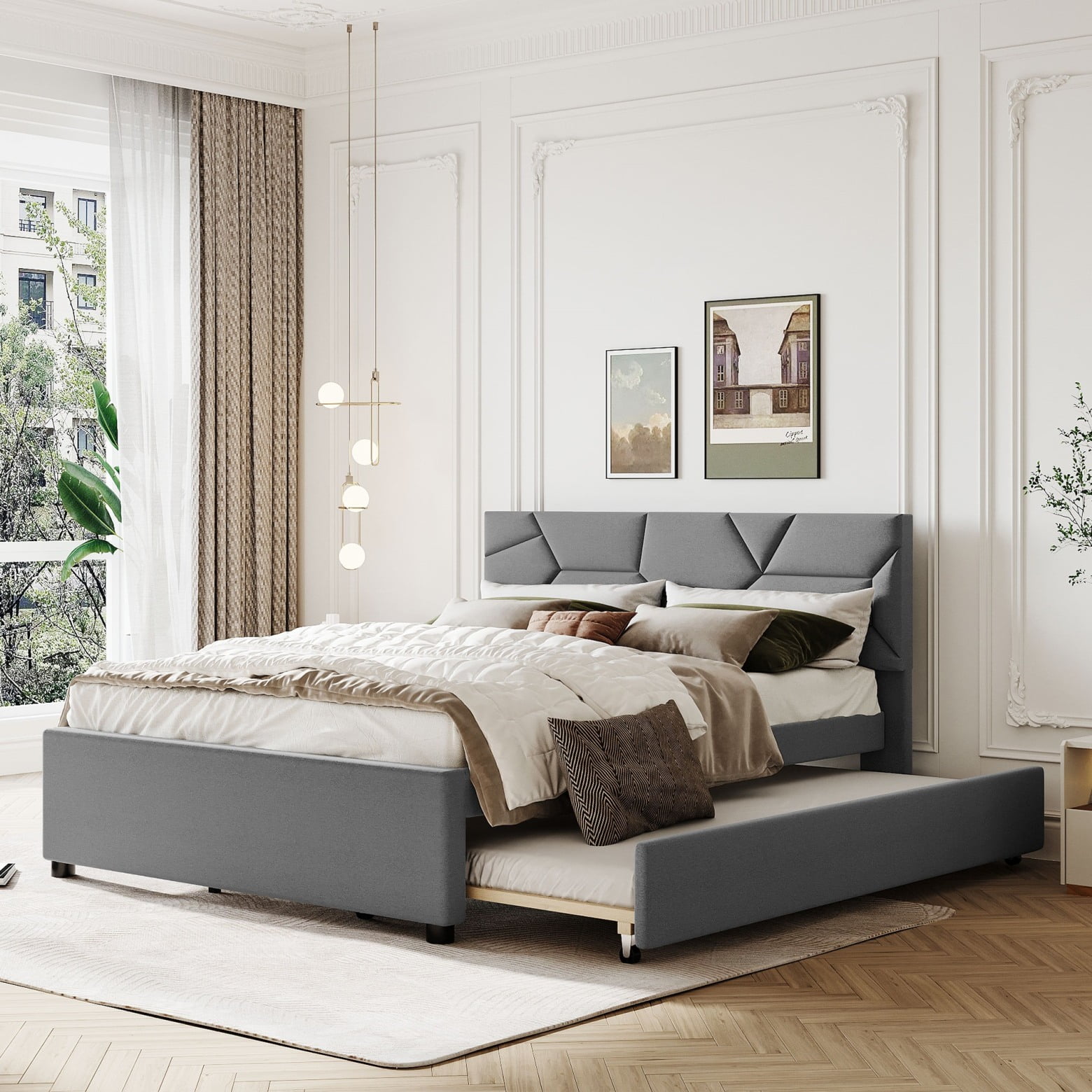 Queen Size Platform Bed, Modern Multifunctional Bed Frame with Linen