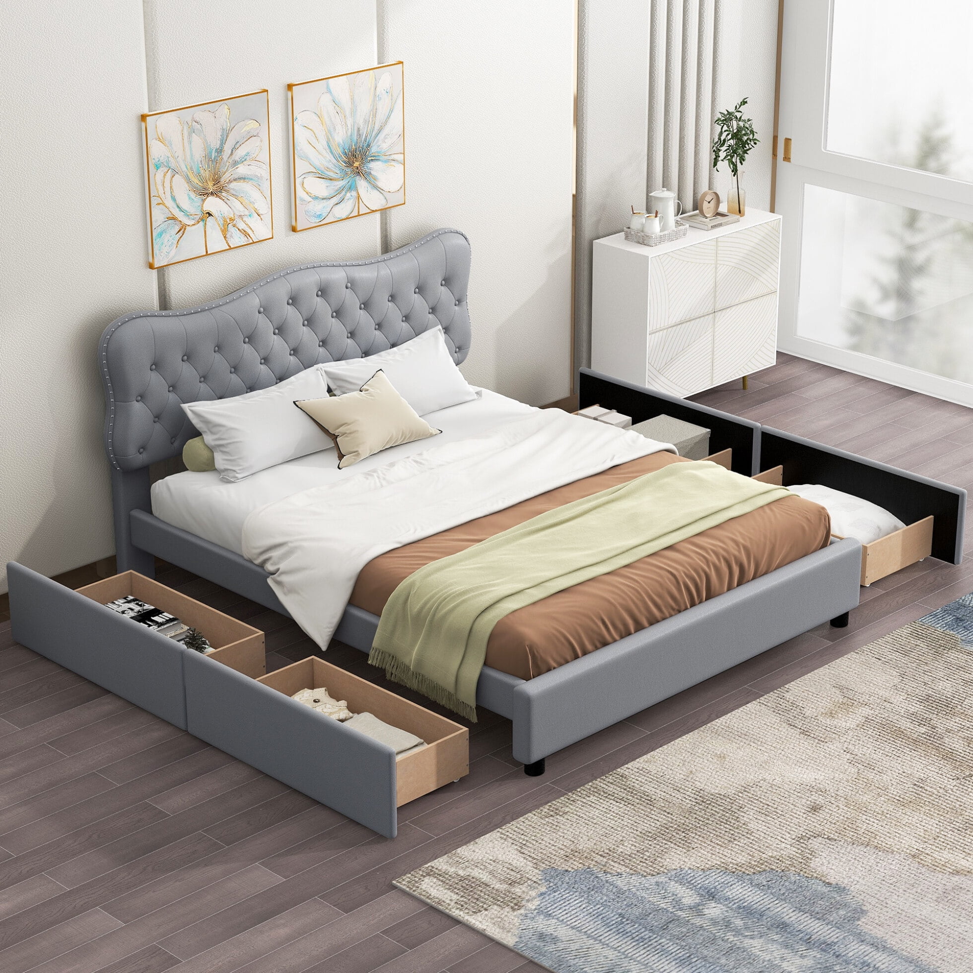 Queen Size Platform Bed, Modern PU Leather Upholstered Storage Bed ...