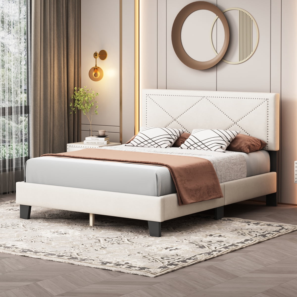 Queen Size Platform Bed, Modern Simple Upholstered Bed Frame with Rivet ...