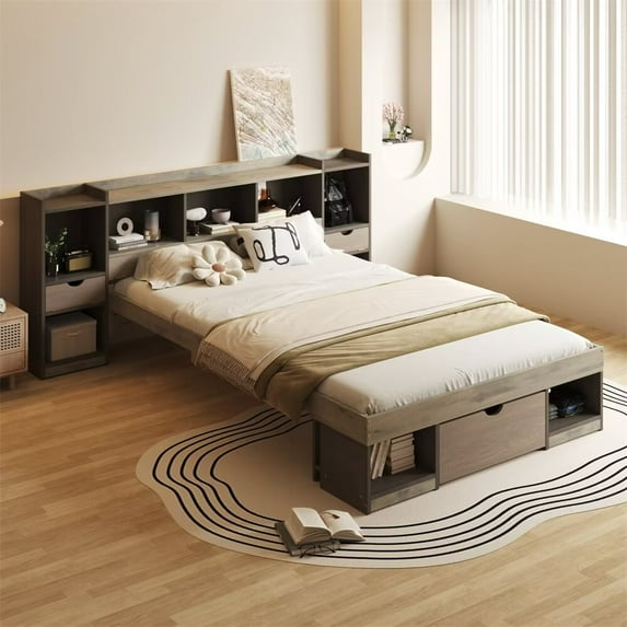 Queen Size Platform Bed with Multi-storage Headboard and a Drawer, Wooden Bed Frame with Slats Support for Boys Girls Teen Adults Bedroom, No Box Spring Needed, Gray