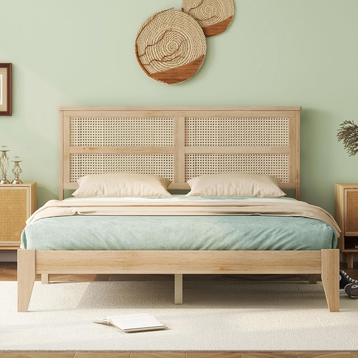 Queen Size Platform Bed with PE Rattan Headboard, Solid Rubber Wooden
