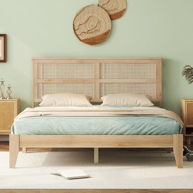 Queen Size Platform Bed with PE Rattan Headboard, Solid Rubber Wooden