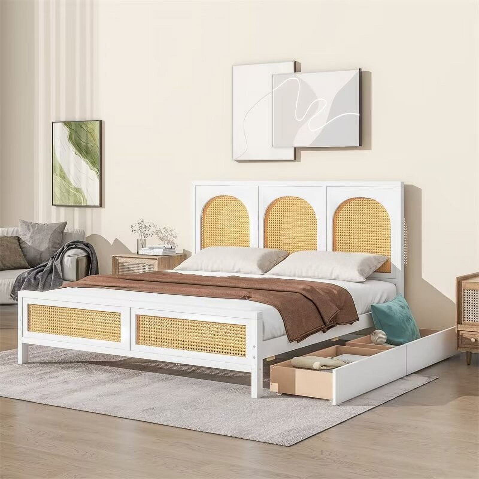 Queen Size Platform Bed with Rattan Headboard and Footboard, Wood