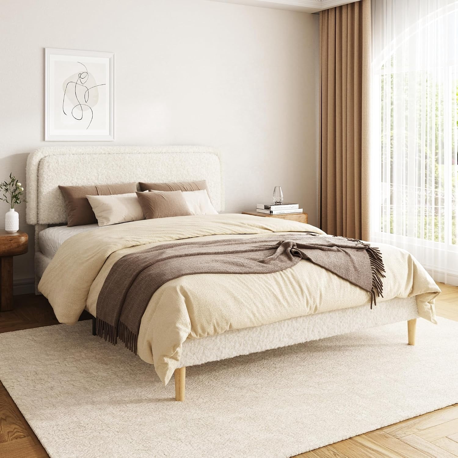Queen Size Platform Bed, Sherpa Fleece Upholstered Bed Frame with 3-Level Adjustable Headboard, Heavy Duty Metal & Solid Wood Bed Frames, No Box Spring Needed, Noise-Free, for Bedroom, Beige