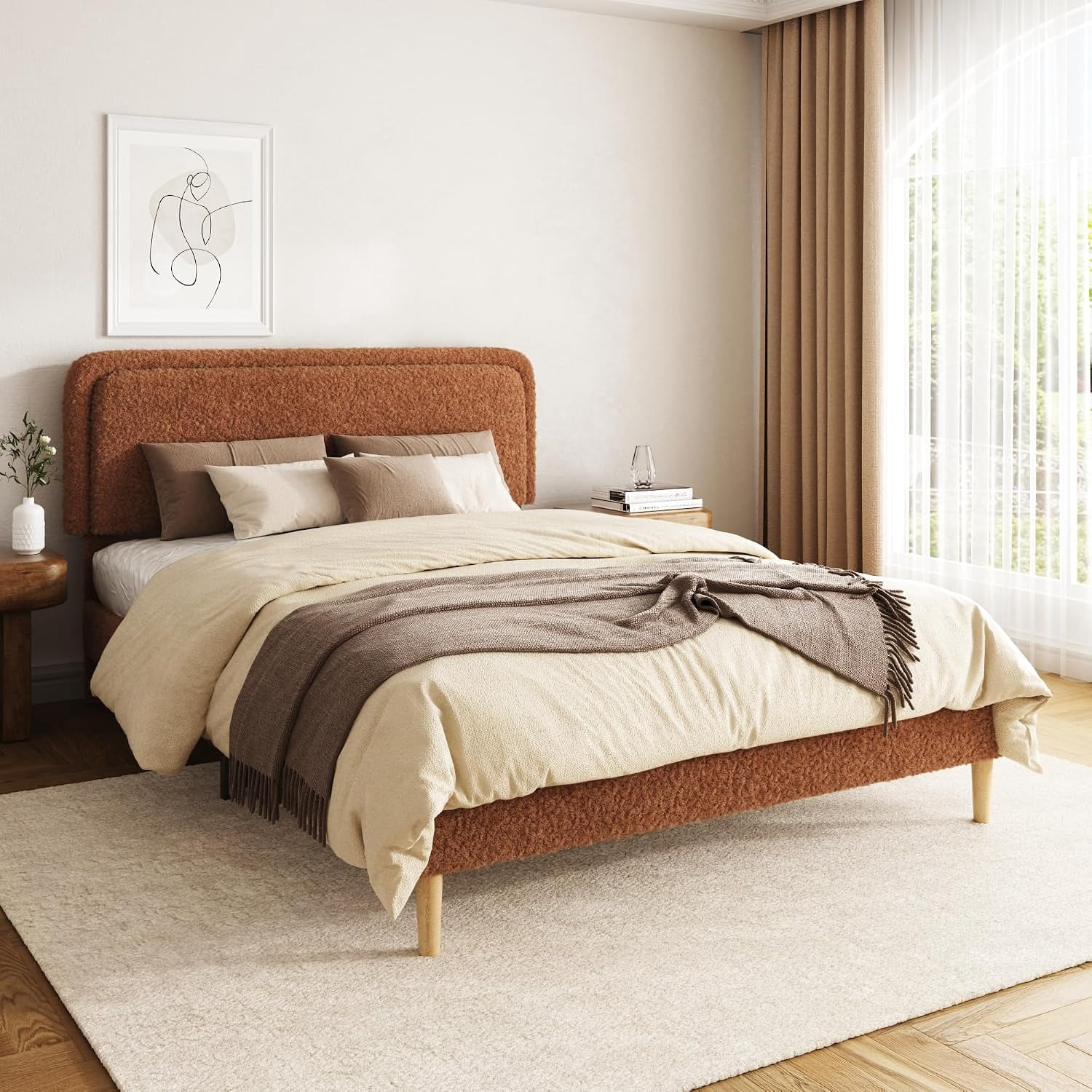 Queen Size Platform Bed, Sherpa Fleece Upholstered Bed Frame with 3-Level Adjustable Headboard, Heavy Duty Metal & Solid Wood Bed Frames, No Box Spring Needed, Noise-Free, for Bedroom, Brown