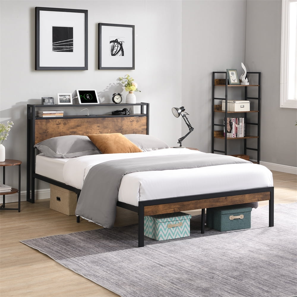 Queen Black Metal Platform Bed Frame with Wooden Headboard and Storage