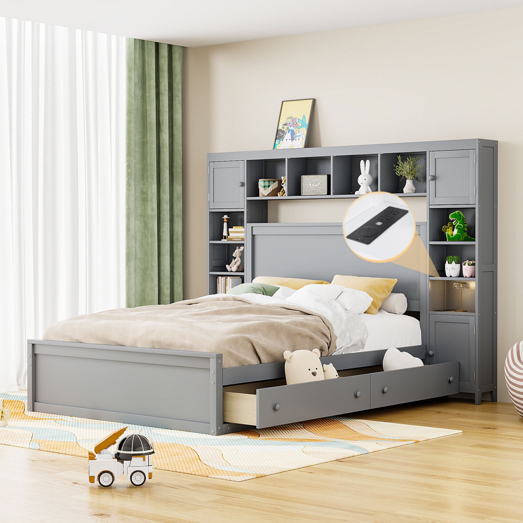 Gray Queen Pine Wood Platform Bed with Storage Drawers and USB Ports