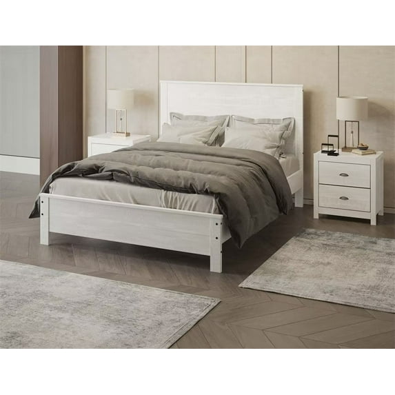 Queen Size Platform Bed, Solid Wood Bed Frame with Headboard for Adults, White