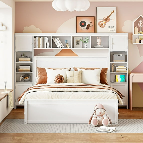 Queen Size Platform Bed, Storage Platform Bed with All-in-1 Cabinet Shelf, Wood Bed Frame with 4 Drawers, Bookcase Headboard and Slat Support for Bedroom Apartment, No Box Spring Needed, White