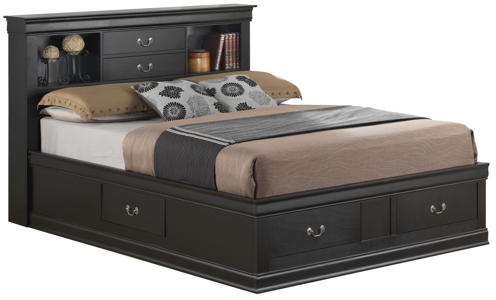 Black Queen Wood Frame Storage Bed with Bookcase Headboard
