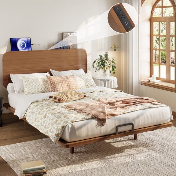 Queen Size Platform Bed with Tall Headboard, Solid Bamboo-made Bed Frame with Support Slats, Full/Queen/King Bed Frame for Bedroom, Guest Rooms, Dorms, Warm Brown