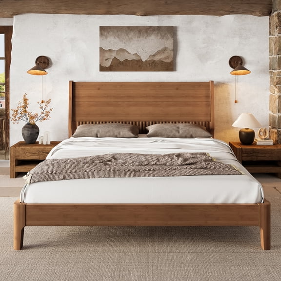 Queen Size Platform Bed with Tall Headboard, Solid Bamboo-made Bed Frame with Support Slats, Full/Queen/King Bed Frame for Bedroom, Guest Rooms, Warm Brown