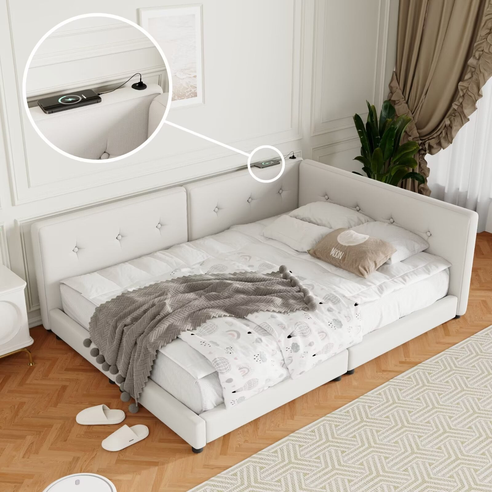Queen Size Platform Bed with USB Ports Linen Upholstered Daybed with Comfortable Backrest and Armrests Wood Corner Daybed Frame for Living Room
